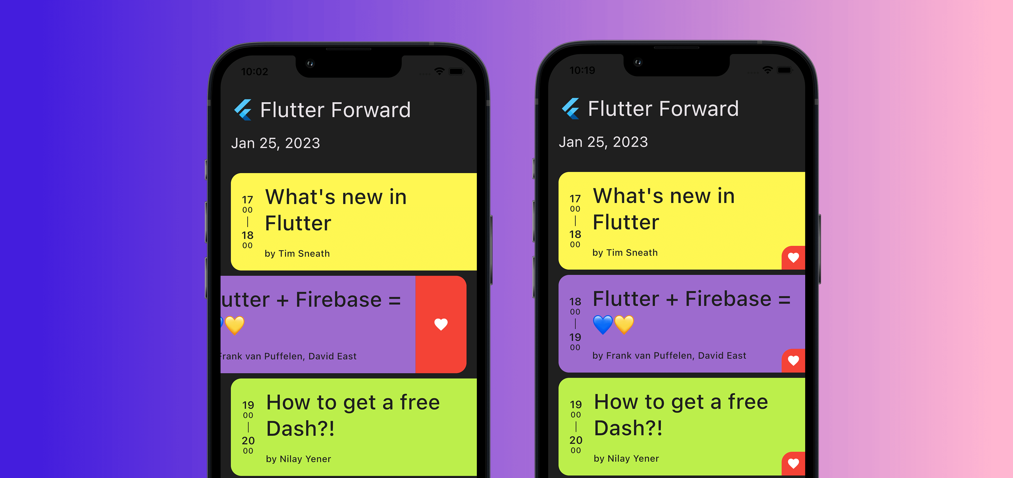 Flutter Forward agenda app demo - add to favourites options