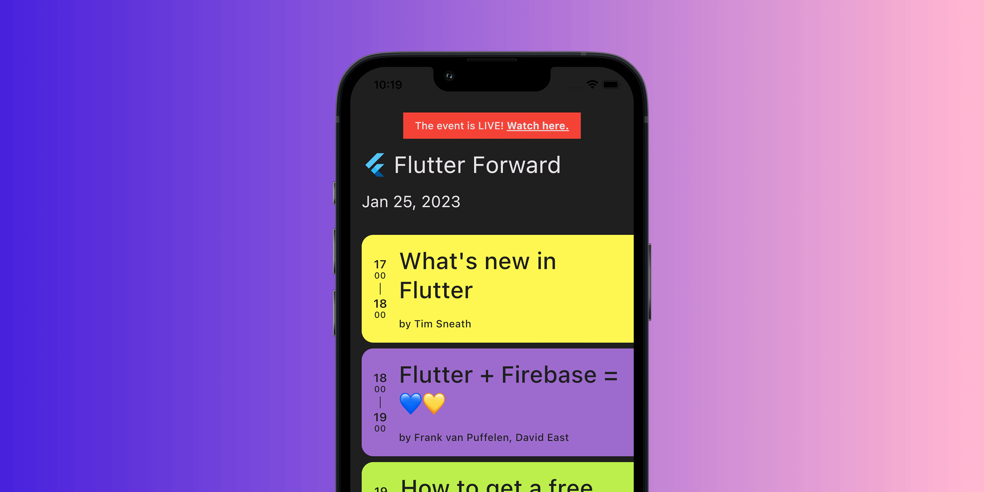 Flutter Forward agenda app demo - live stream notification