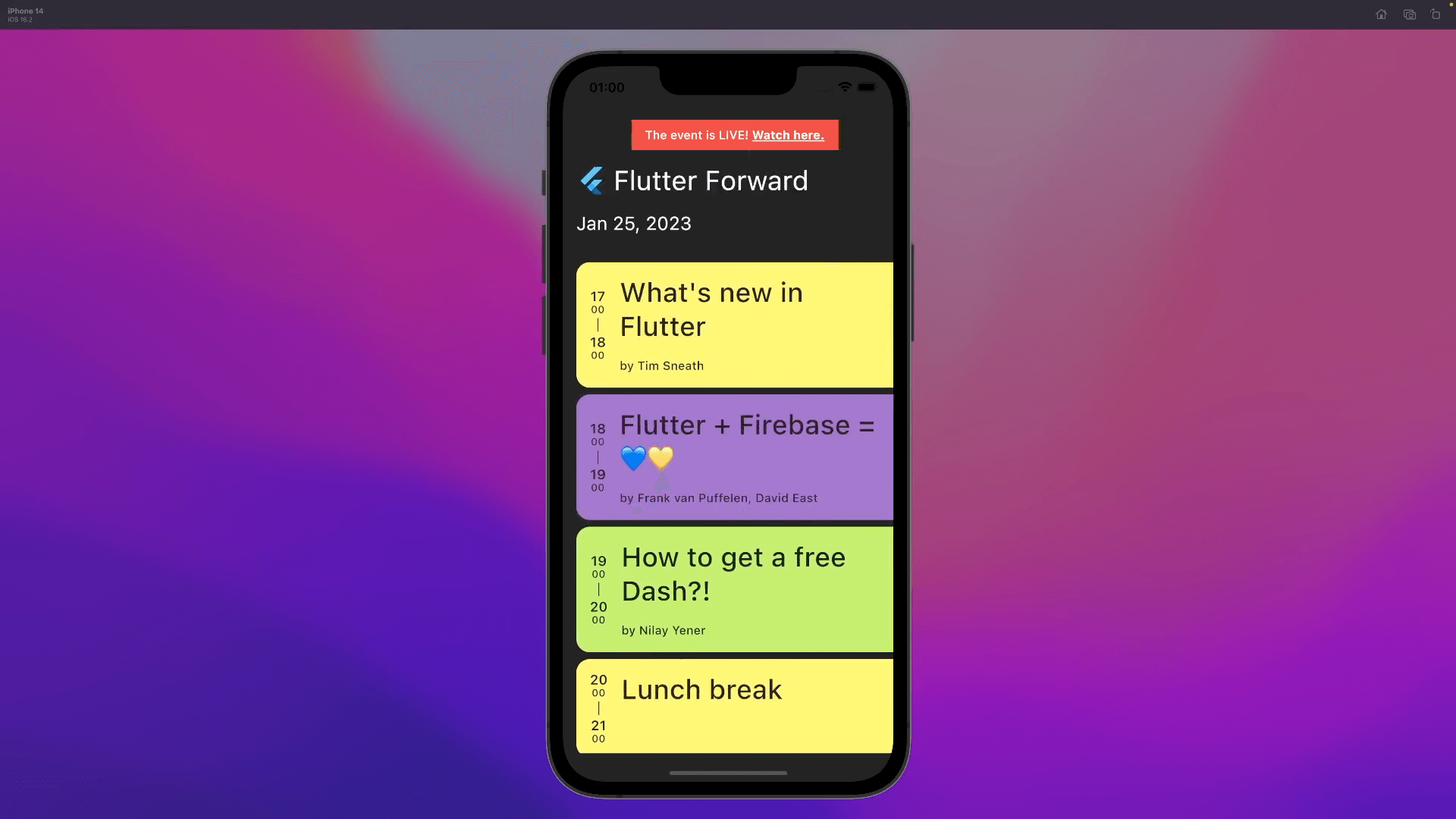 Flutter Forward agenda app - live stream notification